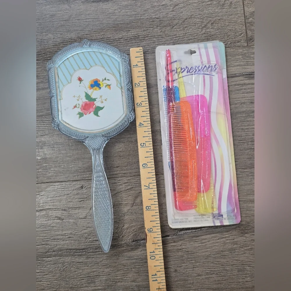 Vintage Celluloid Floral Brush With Retro Comb Lot